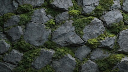 Obraz premium Rock wall texture with moss, natural stone surface background, seamless rugged pattern