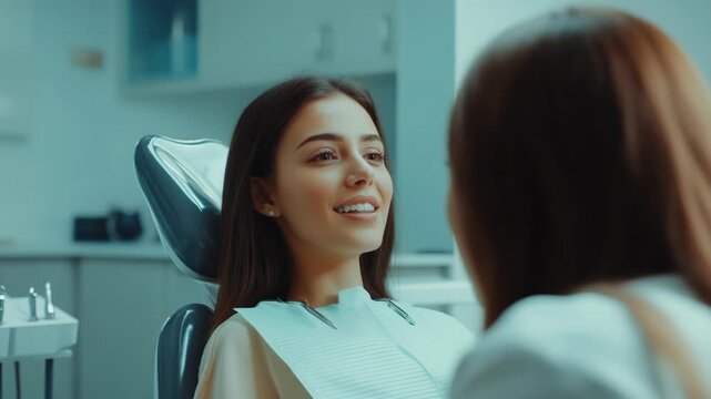 A young woman is sitting in a dental chair, smiling, wearing a mouth prop and waiting for her dentist.