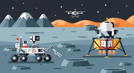Robotic exploration of an alien planet with a rover, lander, and drone under a starry sky. © Aris