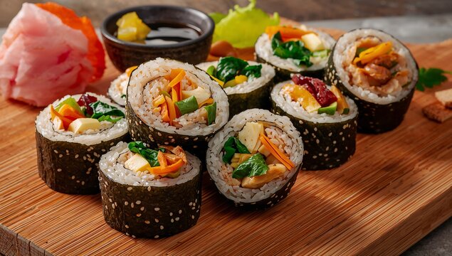Kimbap filled with fresh vegetables and egg roll, neatly sliced and arranged on a clean plate with balanced colors and traditional Korean presentation style