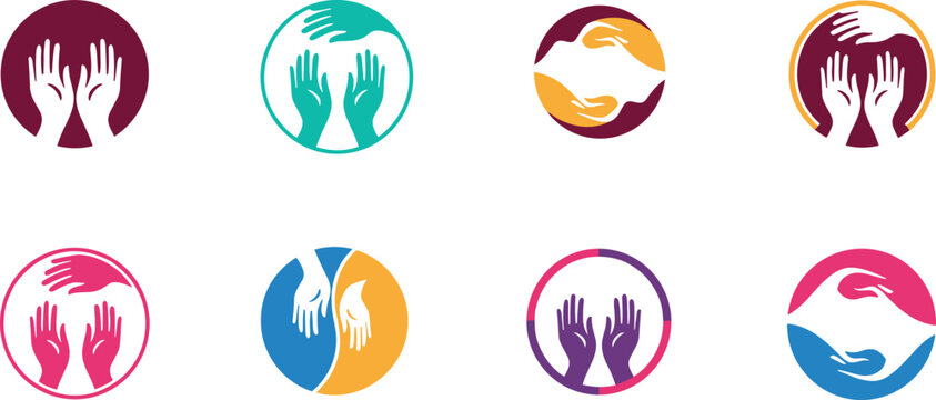 Helping hands and support logo collection featuring abstract caring gestures in circular designs symbolizing charity, unity, assistance, and community care