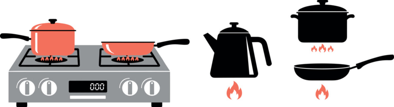Kitchen cooking set with stove pots kettle and pan boiling on fire food preparation flat vector illustration collection