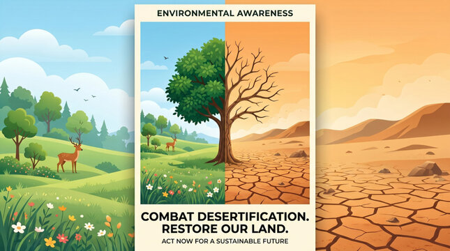 Environmental awareness poster with split landscape showing lush green meadow with deer and dry cracked desert for land restoration campaign