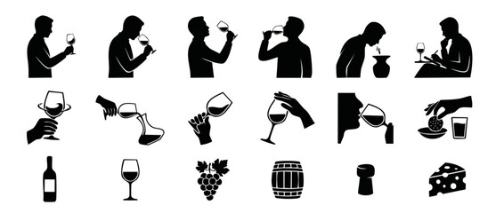 Naklejka premium Wine Tasting Icons Set - Professional Sommelier and Degustation Process Silhouette Symbols for Winemaking, Vineyard Management, Restaurant Menu Design, and Beverage Education Visuals