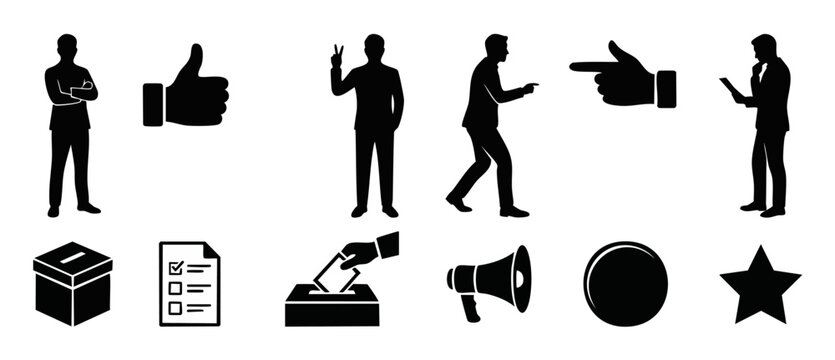 Business People Silhouettes Icons Set, Office Professional Characters and Voting Symbols, Isolated Vector Collection for Corporate Presentation, Marketing Communication, and Election Infographic Eleme
