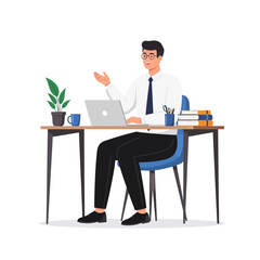 Fototapeta premium Professional businessman working at office desk with laptop, male employee in white shirt and tie sitting at workspace, flat vector illustration