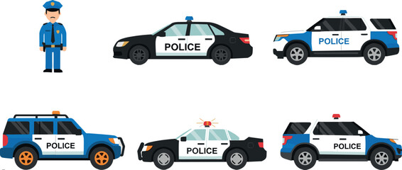 Police vehicles and officer character set with patrol cars and SUVs, law enforcement transport vector illustration collection © MdNazmul
