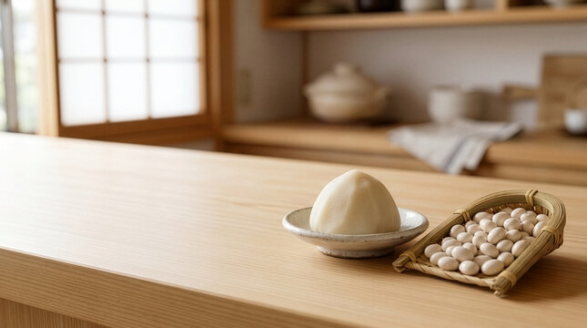 The Base of Elegant Wagashi: Smooth White Bean Paste (Shiroan) Beside Raw White Navy Beans in a Sunlit Kitchen