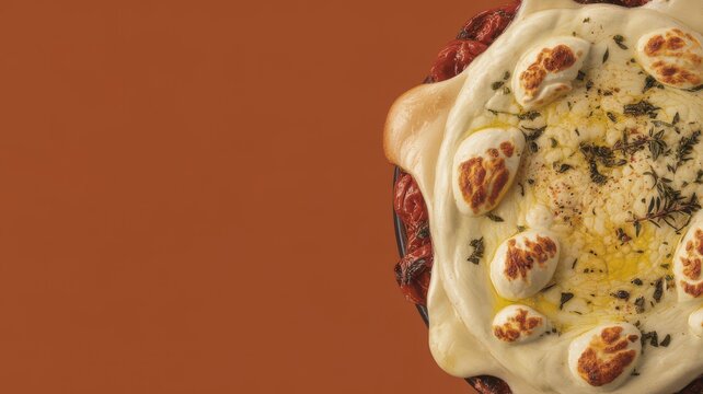 Melted provolone cheese with charred edges and herbs on