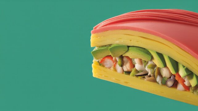 Yellow potato causa with red layer sliced open showing avocado shrimp and beans