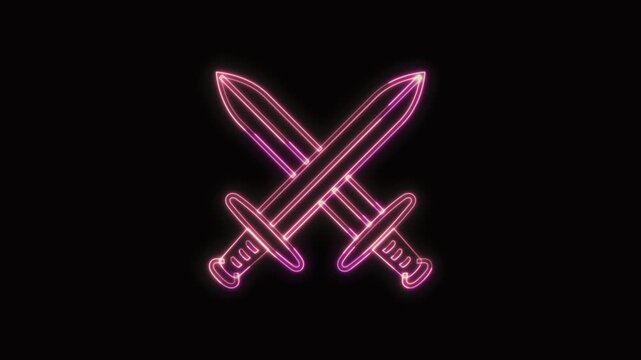  Crossed Swords Icon Neon Seamless Loop 4K with Black Background Animated Promotional Typography for Video Editing