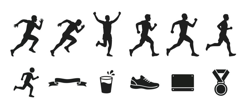 Running Man Silhouettes Set and Marathon Icons for Sports Design - Sprinting Athletes, Victory Pose, Running Shoes, Race Medal, and Bib Number Graphic Elements for Fitness Branding and Competition Log