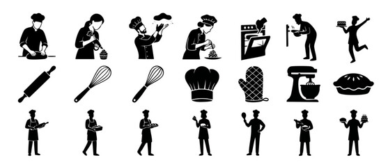 Obraz premium Bakery Chef Icons Set, Professional Cooking and Pastry Making Silhouettes for Restaurant Menu, Culinary Classes, Food Preparation Tools, Baker Hat and Kitchen Utensils Illustration in Vector Flat Desi
