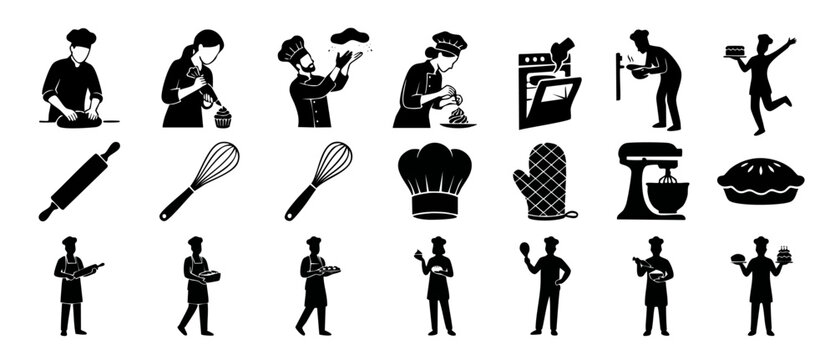 Bakery Chef Icons Set, Professional Cooking and Pastry Making Silhouettes for Restaurant Menu, Culinary Classes, Food Preparation Tools, Baker Hat and Kitchen Utensils Illustration in Vector Flat Desi
