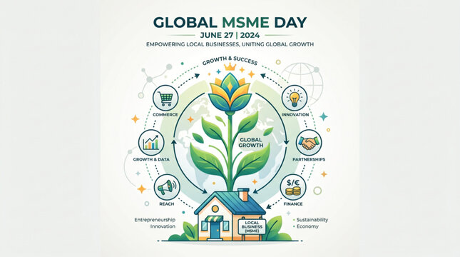 Global MSME Day celebration poster featuring green plant growing from small house with business icons for sustainable economic development