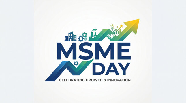 Professional MSME Day logo design with green rising arrow and industrial icons representing business growth and innovation on white background