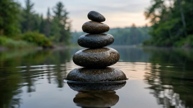 Zen stones stacked peacefully on still water, serene balance concept with smooth rocks, gentle reflections and calming symmetry, minimalist wellness background for meditation, spa and mindfulness