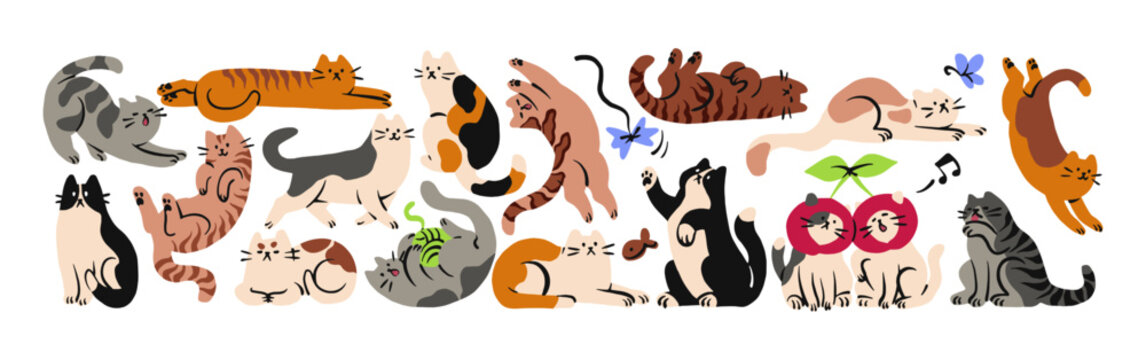 Doodle set of cute cats in different poses. Happy kitties play with yarn ball, have fun with toys. Naughty pets is lying and stretching. Domestic animals. Flat isolated vector illustrations on white