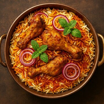 Authentic Chicken Dum Biryani with Saffron Rice and Mint Garnish.