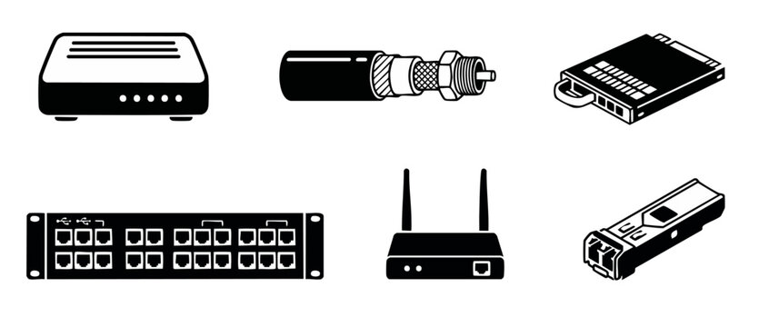 Network Hardware Icon Set: Router, Ethernet Switch, Fiber Optic Cable, and Server Rack Components for IT Infrastructure, Telecommunications Connectivity, Data Center Management, and Internet Technolog