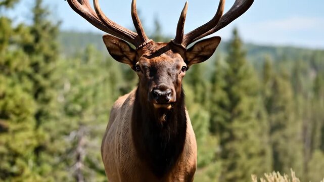 A bull elk in a hot sunny boreal forest in Prince Albert National Park, Saskatchewan, antlers towering above dry grass and pine, wild summer atmosphere with strong natural light, ultra-realistic, no