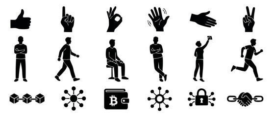 Obraz premium Human Body Language Gestures and Blockchain Cryptocurrency Icons Set, Black Silhouette Vector Collection for UI Design, Business Communication, Financial Technology and Network Security Concept Symbol