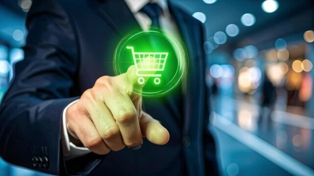 Businessman pointing at glowing shopping cart icon for e-commerce business concept online retail store marketing digital consumer purchase and mobile payment technology in modern mall