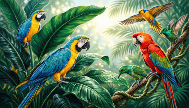 image of tropical leaves and parrots.