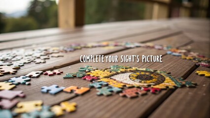 Obraz premium Scattered Puzzle Pieces Forming an Eye on Wooden Surface