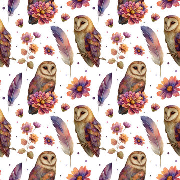 Watercolor boho seamless pattern with barn owls, feathers and flowers