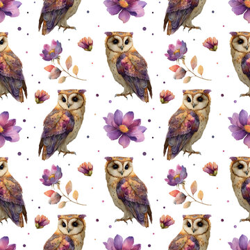 Magical seamless watercolor pattern with cute owls and purple flowers.