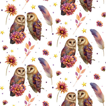 Watercolor magical seamless pattern with cute barn owls, feathers and stars