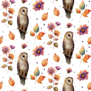 Watercolor autumn seamless pattern with barn owls, colorful leaves and flowers