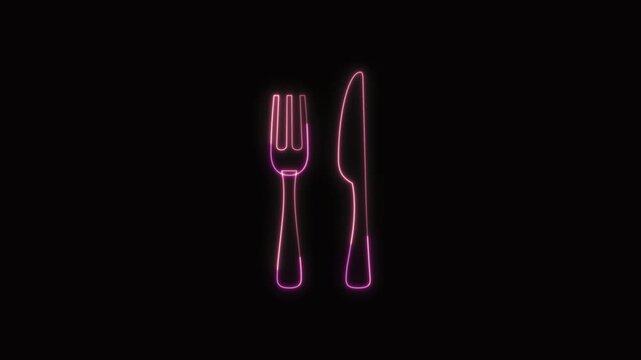  Fork and Knife Icon Neon Seamless Loop 4K with Black Background Animated Promotional Typography for Video Editing