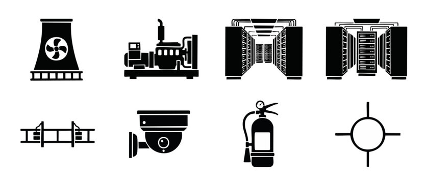 Industrial Infrastructure Icons Set, Data Center Server and Factory Equipment Vector Symbols for Technical Engineering Diagrams and Facility Management Blueprints, Flat Black Graphic Design Elements