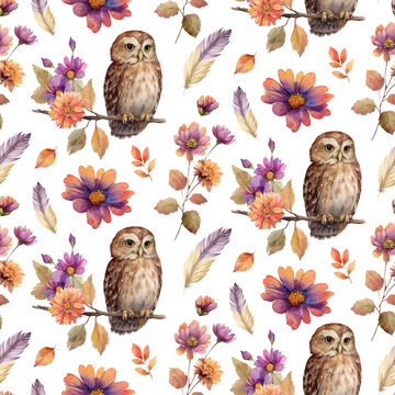Watercolor autumn seamless pattern with cute owls, flowers and feathers.