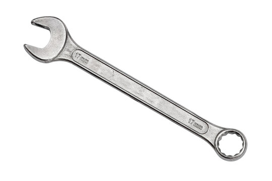 Single metal combination wrench isolated on white background, durable hand tool for mechanical repair, maintenance, and industrial use