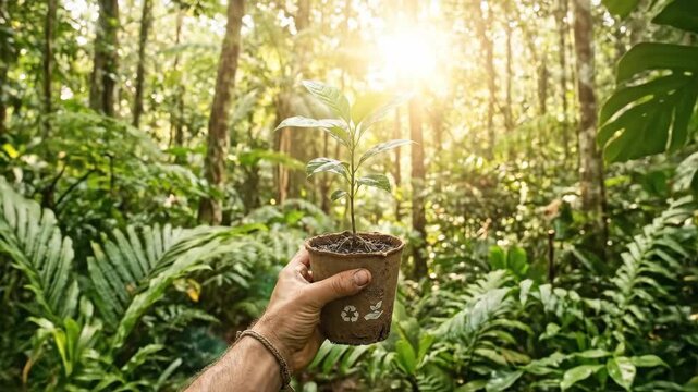 A hand holding a young tree with recycling icons and lush green tropical surroundings, sustainability and ecological care expressed through fresh natural detail, optimistic atmosphere,