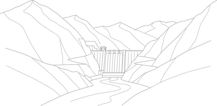 Detailed line art illustration depicting a massive hydroelectric dam nestled within a dramatic mountain range, with a winding river flowing from its base, showcasing power generation infrastructure.