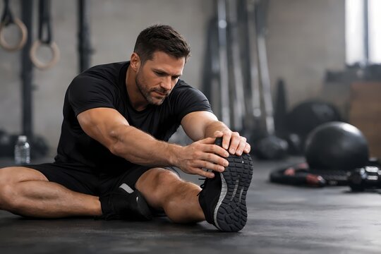 Clean indoor photography of a focused male athlete sitting on the gym floor performing a deep hamstring stretch. This calm fitness preparation image is highly suitable for active recovery topics.