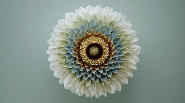 Multi layered flower with white blue and yellow petals on a sage green background