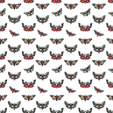 Watercolor gothic seamless pattern with various black and red moths