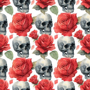 Watercolor seamless pattern with skulls and red roses. Isolated on a transparent background.