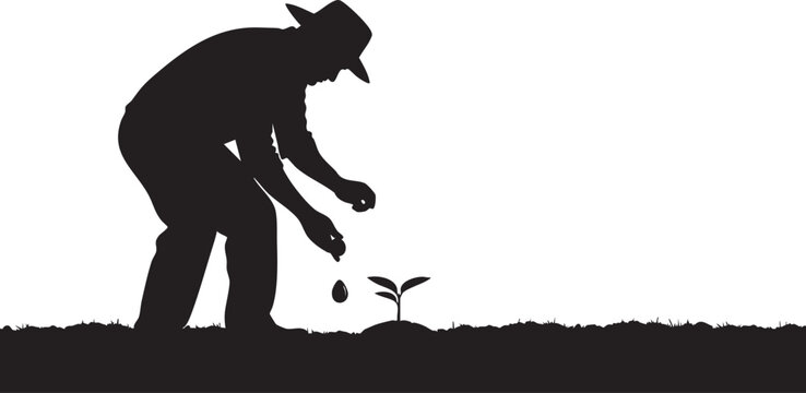Farmer Silhouette Planting Seed in Soil Agriculture Sustainable Farming Concept Illustration