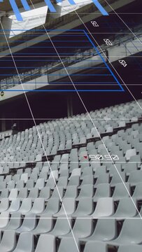 Vertical video: White 3D grid appearing HUD animating camera settling on seats showing attendance