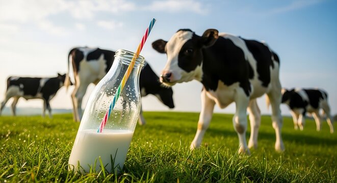 A bottle of fresh milk with a colorful straw in a green meadow with cows