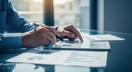 Obraz premium A professional reviews financial charts and graphs on a tablet and paper.