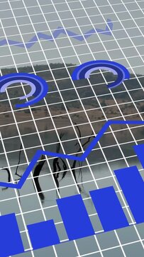 Vertical video: On grid reveal, overlay animating rings, rising line, bars growing to show trends