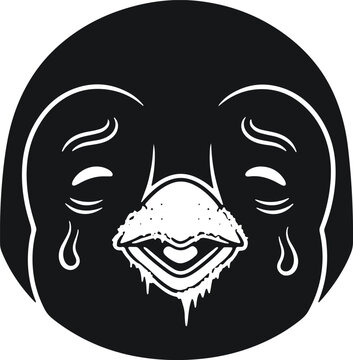 Sad penguin face crying tears, black silhouette, funny cartoon character, emotional expression, humorous animal art.