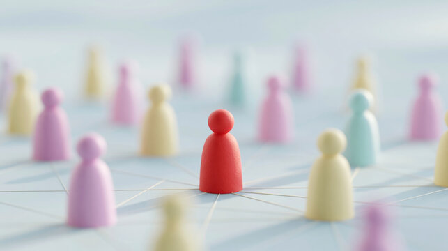 Red stand out from crowd of colorful people connected by lines network